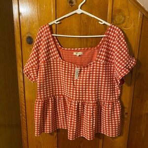 Gingham Knit Ruffle-Hem Top